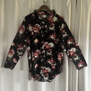 LuLaRoe Valentina Button Up Blouse Women Pink Roses Print‎ Long Roll Tab Sleeves